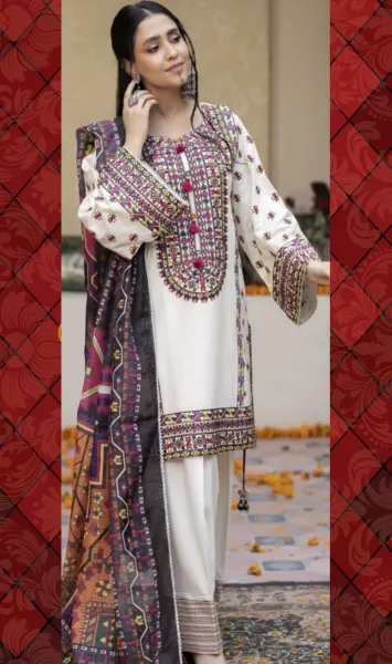 Pakistani Rangoon Stitched Cotton 3pcs _ Off White